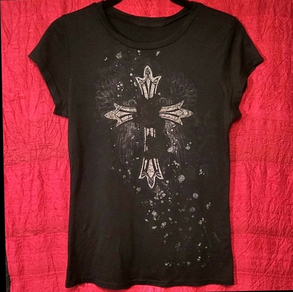 Vtg Y2K abbey dawn blk gothic cross metal red blood spatter mallgoth shirt L - Picture 7 of 17